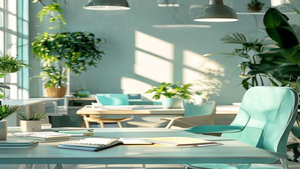 Open workspace with natural light, plants, and comfortable seating area